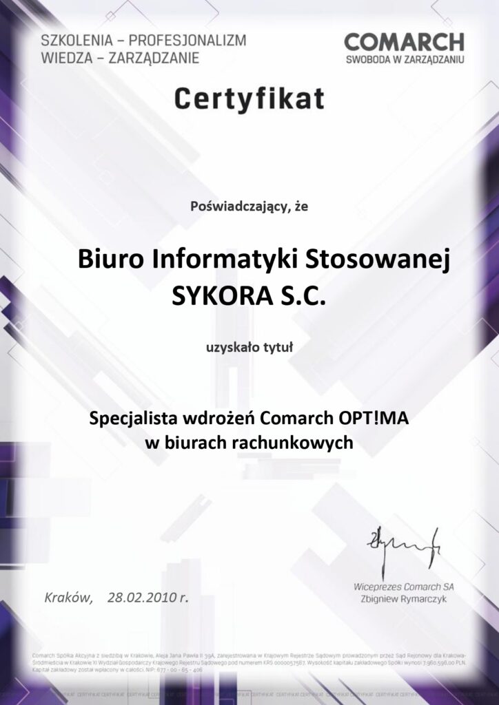 Certyfikat Sykora Comarch Optima Partner Comarch